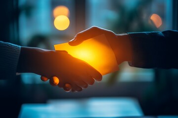 Poster - A cartonic handshake replaced by a glowing deal document, symbolizing business agreements 