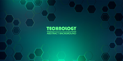 Abstract technology background with glowing hexagon patterns in green and blue shades on a dark gradient. Ideal for digital, futuristic, and innovation