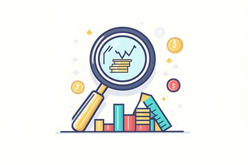 Poster - A cartonic magnifying glass zooming into a stack of coins and bar graphs, symbolizing financial inspection 