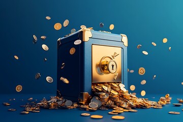 Poster - A cartonic safe with coins flowing out and arrow icons, symbolizing profit release 
