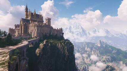 Poster - A medieval-style castle sits atop a mountain peak, with misty clouds and greenery surrounding it