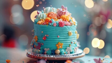 Poster - A colorful blue cake decorated with various candies