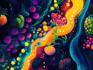 Poster - Abstract Still Life with Colorful Fruits and Organic Shapes on a Dark Background