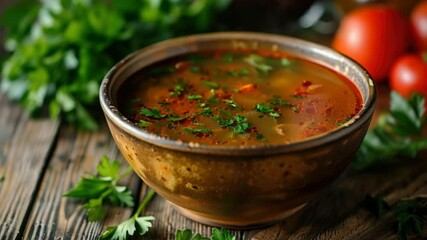 Poster - A warm bowl of soup sits atop a rustic wooden table, perfect for a cozy meal or casual dining