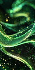Poster - Abstract Green and Gold Glittering Ribbons Flowing in a Dark Background