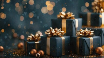 Wall Mural - elegant christmas gift box wrapped in black paper with golden ribbon on black background with golden