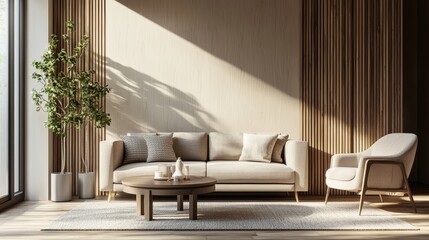 Aufkleber - Minimalist living room with natural light, modern beige furniture, indoor plants, wooden wall panels, and soft textures, ideal for interior design, home décor, or real estate staging visuals