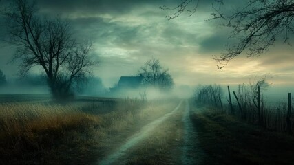 Poster - A dirt road running through a green field with some vegetation and no signs of human activity