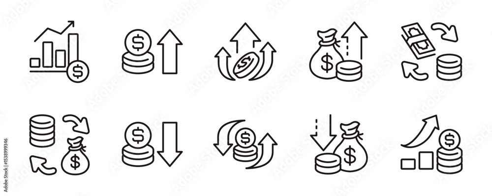 financial money income icon line set dollar arrow cash flow business ...