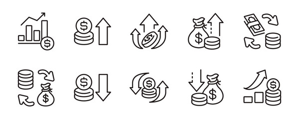 Poster - financial money income icon line set dollar arrow cash flow business economy growth signs vector illustration finance chart sales symbol outline design