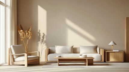 Aufkleber - Minimalist living room with wooden furniture, neutral tones, soft light, and clean decor elements, perfect for interior design showcases, real estate promotions, or modern home styling visuals