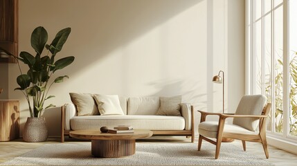 Aufkleber - Bright modern living room with wooden furniture, large windows, natural lighting, indoor plant, and minimal beige tones, ideal for interior design, real estate, or home styling inspirations