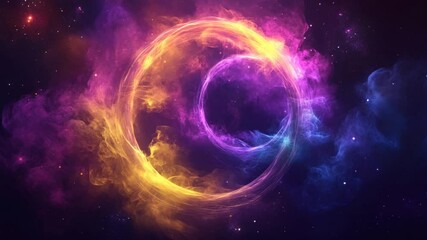 Vibrant cosmic art featuring swirling nebulae and bright, colorful rings in space