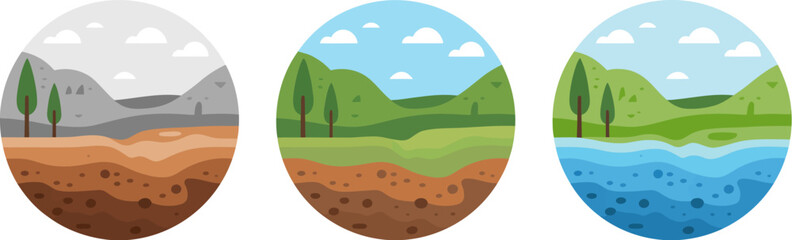 Poster - Cartoon landscape backgrounds vector set nature scene with mountains trees and water illustration vector art editable stock vector illustration