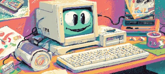 Poster - 1990s Cartoon Computer Setup with Smiling CRT Monitor and Keyboard in Cel-Shaded Style