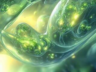 Aufkleber - Abstract green organic shapes with glowing particles and fluid dynamics background art