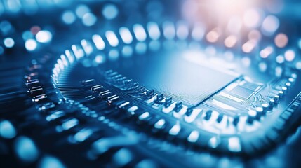 Poster - Close-up of electronic microchip on a luminous circuit board with detailed connections