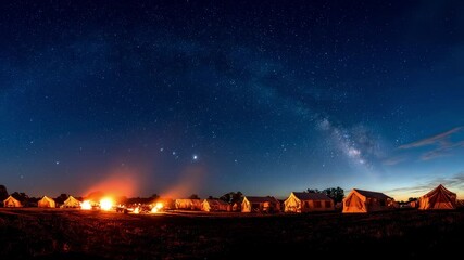 Wall Mural - illuminated camping tents glowing softly beside crackling bonfire, creating warm amber light beneath