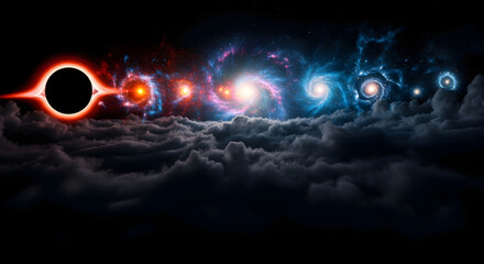 Fototapete - Black Hole, Nebula, Galaxy, Stars and Cosmic Cloudscape Illustration. Space, Universe, Astronomy Art.