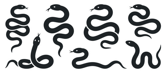 Poster - Collection of Black Snake Silhouettes on White Background in Various Poses and Styles for Graphic Design and Illustration Projects