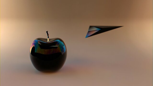 Black apple and metallic paper airplane on neutral background