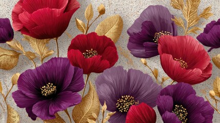Poster - A floral design with gold accents and purple flowers. The flowers are arranged in a way that creates a sense of depth and movement. The gold accents add a touch of luxury and elegance to the design