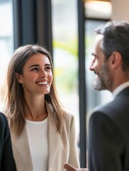 Poster - smiling businesspeople client discussing business in office space