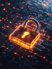 Poster - Phishing protection and fraud cybersecurity, A glowing security padlock displayed on a digital screen for cybersecurity themes.