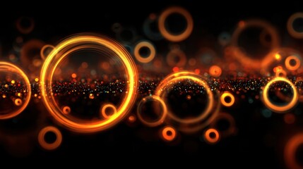 Poster - A series of orange circles are scattered across a black background. The circles are of varying sizes and are arranged in a way that creates a sense of movement and energy. Scene is dynamic and lively