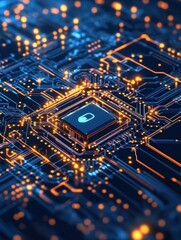 Poster - Secure tech system safeguards data. Futuristic circuit board graphic shows secure system. AI protects healthcare, life insurance info. Cybersecurity, data safety key themes. Innovative solution