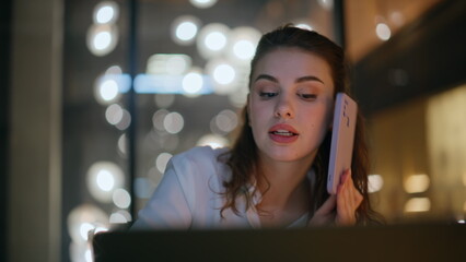 Poster - Calling employee working computer at dark workplace closeup. Manager discussing