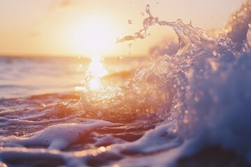 Wall Mural - Tropical sea wave crashes against the beach at sunset in slow motion, Tropical sea wave crash on ocean beach in slow motion Summer sunlight glow