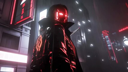 Poster - Mysterious cyberpunk figure standing in rain soaked night city, glowing red visor illuminating dark futuristic surroundings with distant lone silhouette
