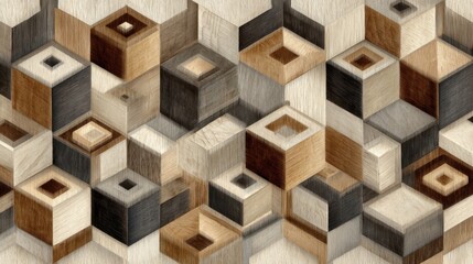 Poster - A brown and tan wood grain patterned wall with a brown and tan color scheme. The pattern is made up of squares and rectangles