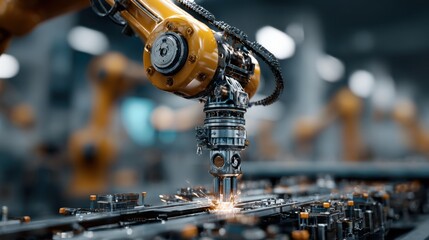 Poster - A robot is working on a piece of machinery. The robot is yellow and has a chain around its neck. Concept of industrialization and technological advancement