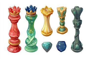 Poster - Colorful chess pieces and gems displayed on a white background showcasing intricate designs and craftsmanship