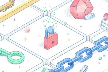 Poster - Creative illustration of a padlock surrounded by colorful gems and a key on a geometric background