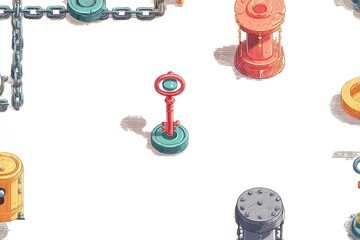 Poster - Colorful industrial objects and mechanisms in an abstract design with intricate details and unique shapes