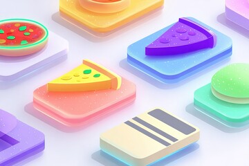 Poster - Colorful digital food icons showcasing pizza, burger, and salad on vibrant backgrounds in a playful arrangement