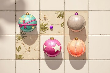 Poster - Brightly colored Christmas ornaments displayed on a decorative tiled surface during the holiday season
