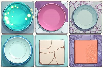 Poster - Colorful collection of ceramic bowls and textured plates displayed on a patterned table