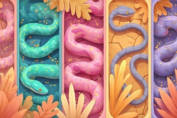 Poster - Colorful snake illustrations in various habitats showcasing vibrant patterns and design elements throughout the composition