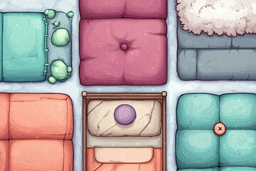Poster - Colorful cushions in various sizes and designs showcase cozy decor for a comfortable indoor space