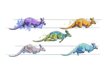 Poster - Colorful kangaroos in motion display showcasing different actions in a vibrant design
