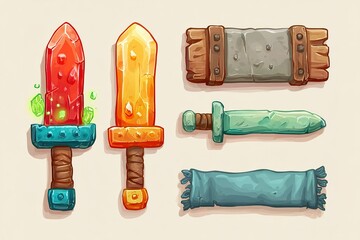 Poster - Colorful cartoon swords and shields displayed on a light background with vibrant designs and textures