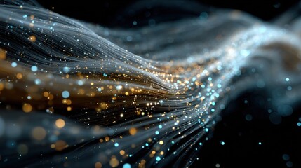 Fototapete - A long, wavy line of light and dark colors with a lot of sparkles. The colors are blue, orange, and gold