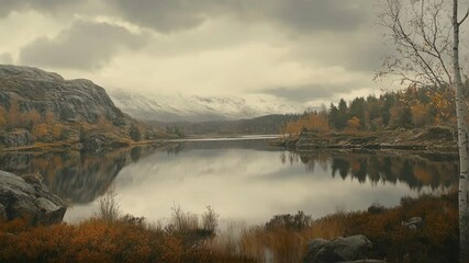 Wall Mural - mountains reflecting on a calm lake surrounded by autumn vegetation, with a cloudy sky and a snowy p