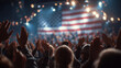 © Generative Stocks - Crowd standing with hands over hearts during the national anthem, huge flag draped behind a stage. stock image, hd quality,