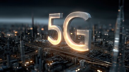 Poster - A city skyline with a large 5G sign in the middle. The sign is lit up and surrounded by buildings. Scene is futuristic and technological