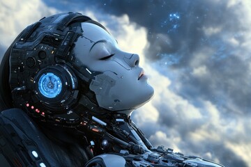 Poster - Robotic female in a serene trance with intricate details amidst a cinematic sky, Serene robotic female in a trance, cinematic and detailed background